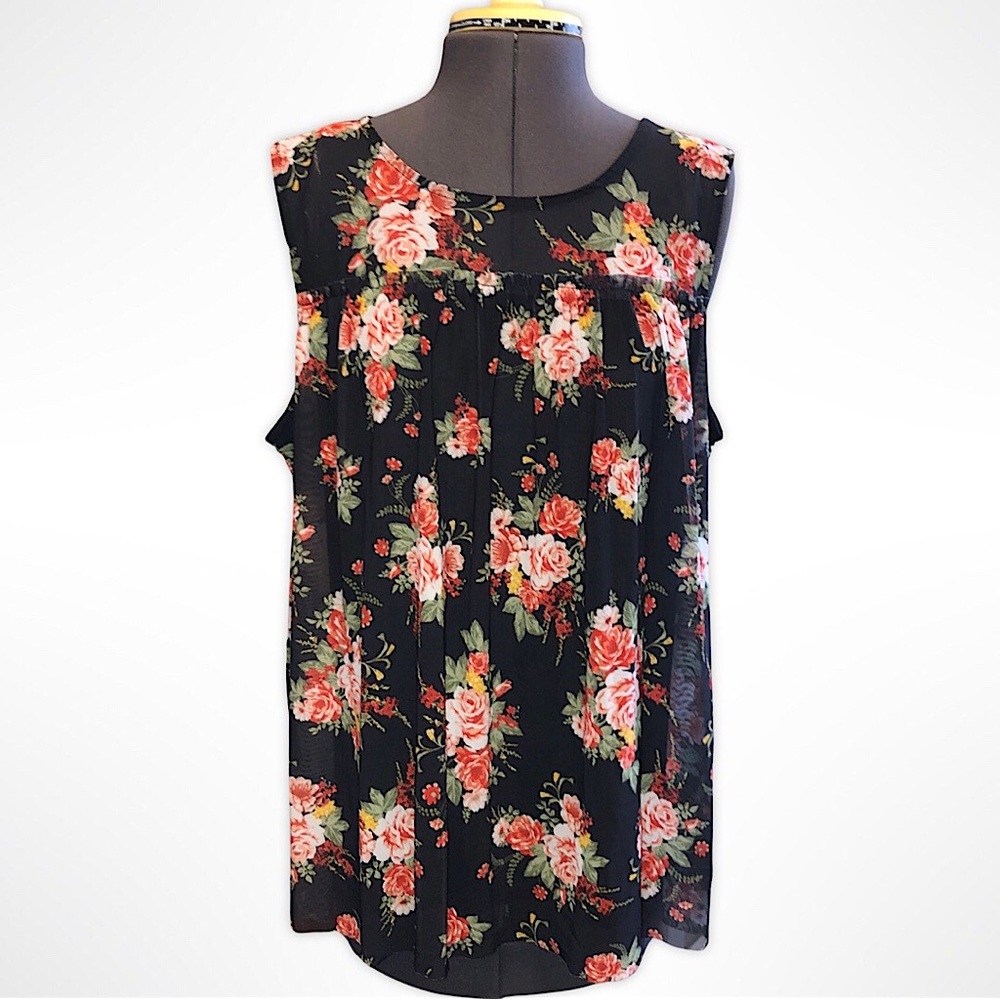 Bobbie&Brooks Sheer-Yoke Sleeveless Floral Blouse